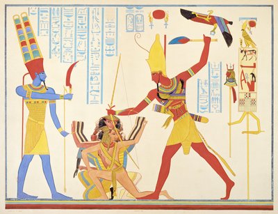 The God Amun offers a sickle weapon to the pharaoh Ramesses III as he strikes two captured enemies, 1835-45 by Jean Francois Champollion